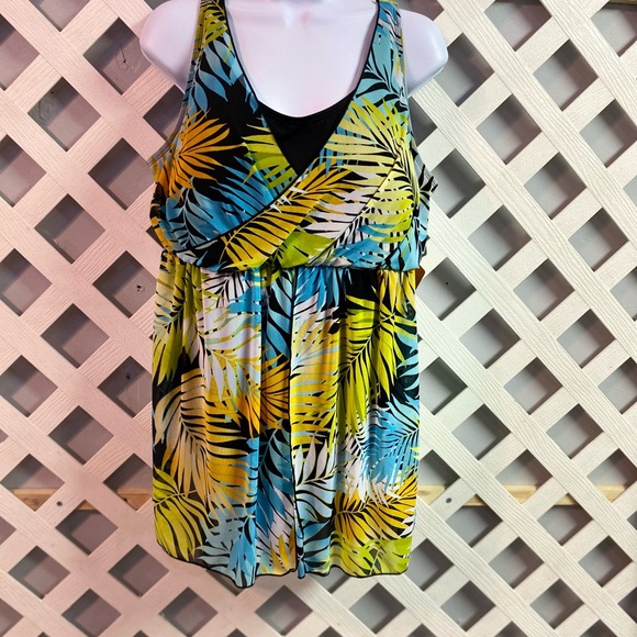 Denim & Co. Beach Printed V-Neck Surplice Swim Dress Black/Aqua/Palm Plus 20W - Picture 2 of 9